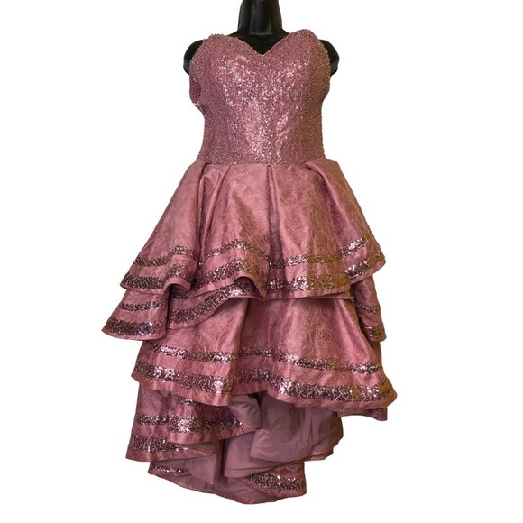 Vintage Pink High-Low Dress Sequin Lace Layered Ruffle Medium Fairy Princess Y2K - Picture 3 of 4